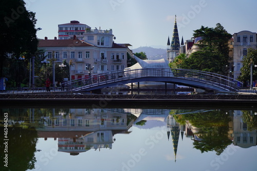 Batumi, Georgia - August 06, 2021: Reflection of the boulevard in the water
