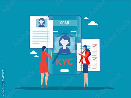 KYC or know your customer with business verifying the identity of its clients concept at the partners-to-be through a magnifying glass vector illustrator