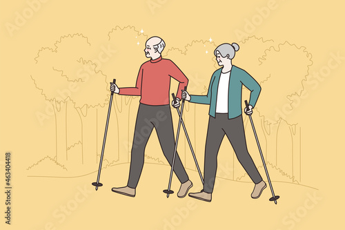 Active elder people with canes do Nordic slow walking in nature forest. Happy old grandmother and grandfather follow healthy lifestyle, keep good fit. Maturity. Flat vector illustration. 