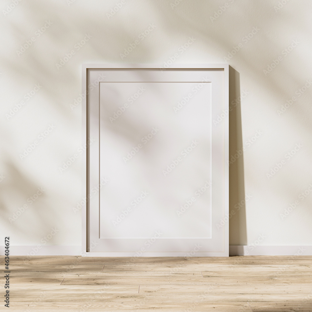 blank white frame with mat mock up, poster frame on wooden floor with sunlight with leaves shadow on white wall, 3d rendering blank white frame with mat mock up, poster frame on wooden floor with sunlight with leaves shadow on white wall, 3d rendering