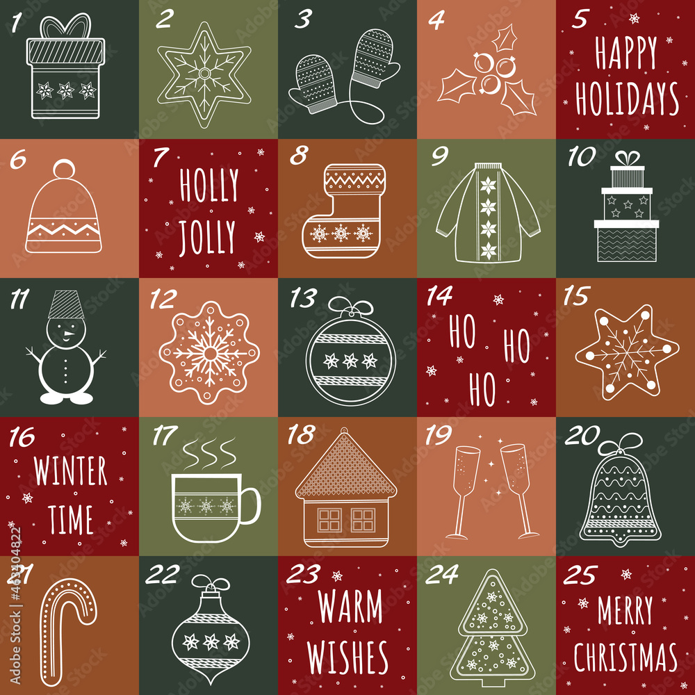 December Christmas advent calendar. Cute winter illustration for card, poster, decor. Holiday Poster with traditional simbols. Winter postcard vector creative template. Xmas Poster hand drawn style. December Christmas advent calendar. Cute winter illustration for card, poster, decor. Holiday Poster with traditional simbols. Winter postcard vector creative template. Xmas Poster hand drawn style.
