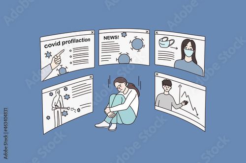 Stressed woman depressed with covid-19 pandemic information, info banners around. Unhappy female tired exhausted with corona virus excessive data in world. Propaganda. Flat vector illustration. 