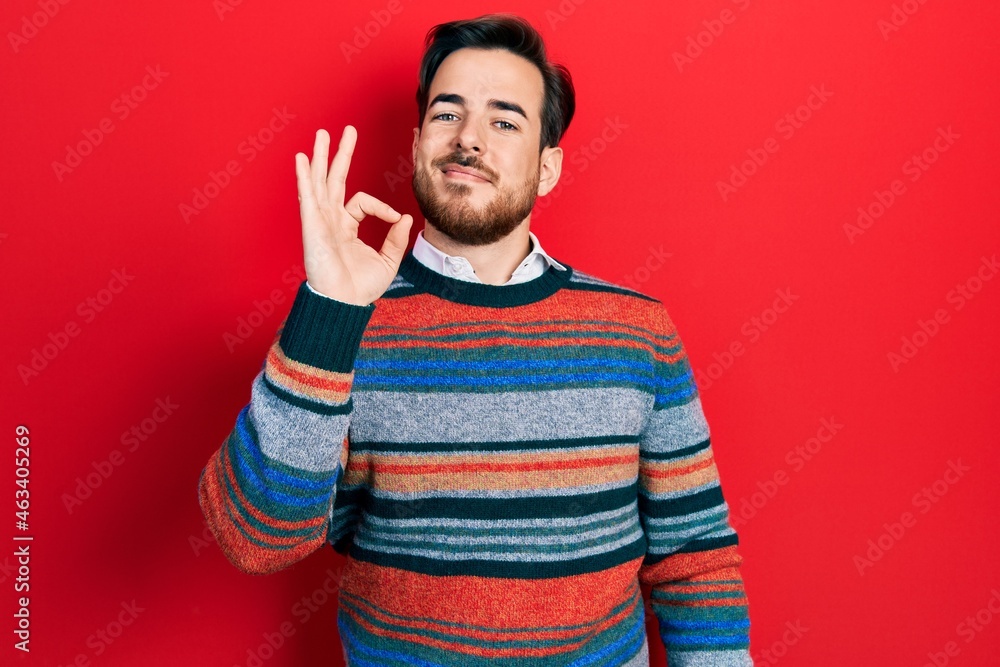 Fototapeta premium Handsome caucasian man with beard wearing elegant wool winter sweater smiling positive doing ok sign with hand and fingers. successful expression.