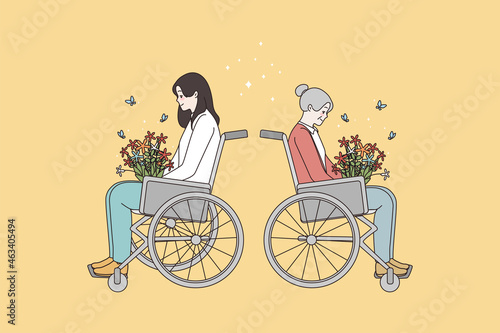 Happy diverse disabled women in wheelchair feel overjoyed flattered with floral bouquet. Smiling females handicapped or traumatized pleasured with spring flowers. Special needs. Vector illustration. 