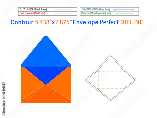 Contour flap envelope 5.438x7.875‬ inch dieline template and 3D envelope Editable easily resizable