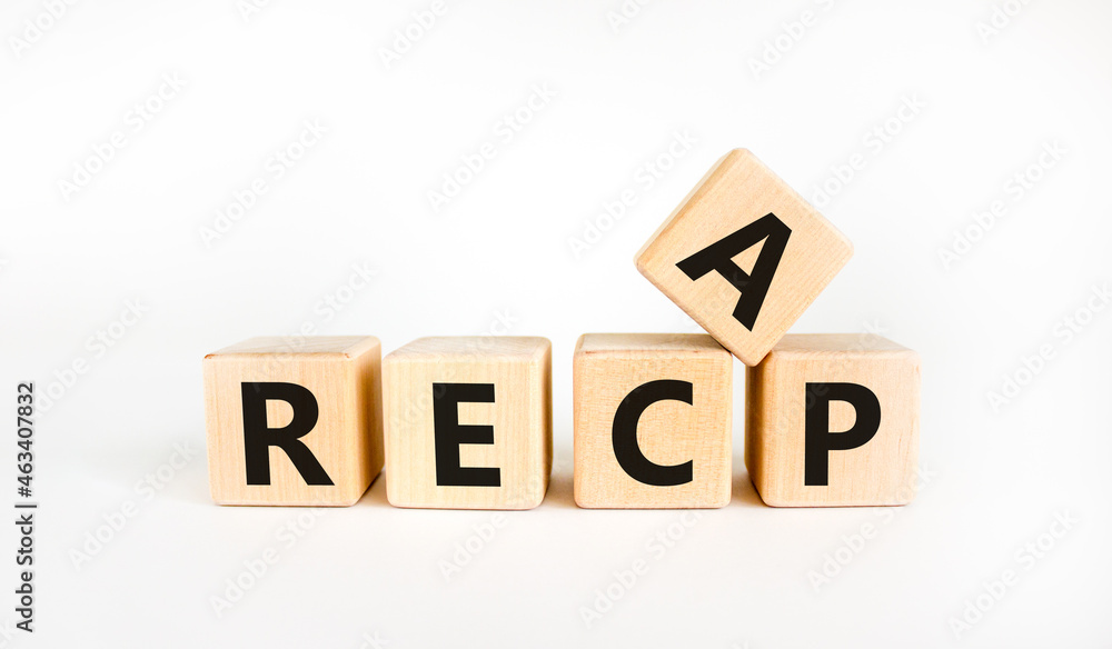 Recap symbol. The concept word 'recap' on wooden cubes on beautiful white table, white background, copy space. Business and recap concept. Recap symbol. The concept word 'recap' on wooden cubes on beautiful white table, white background, copy space. Business and recap concept.