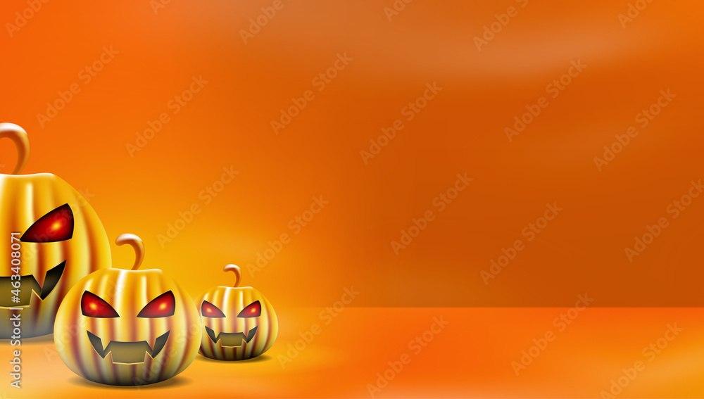 3D illustration of scary Halloween theme banner with Jack O Lantern pumpkin on background