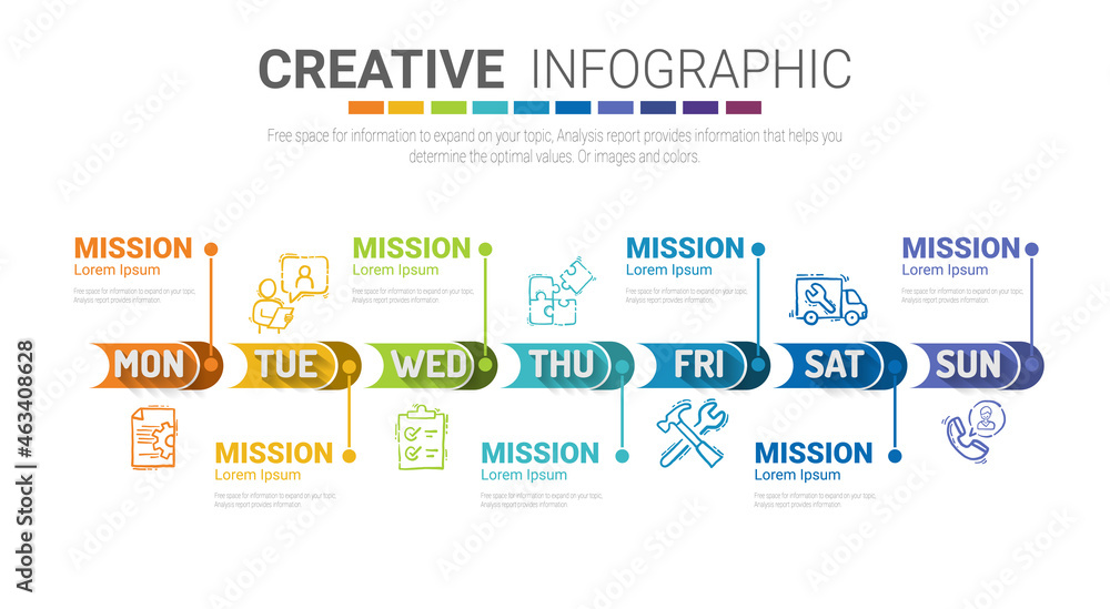 Infographics element design for all day, can be used for Business concept with 7 options, steps or processes. Infographics element design for all day, can be used for Business concept with 7 options, steps or processes.