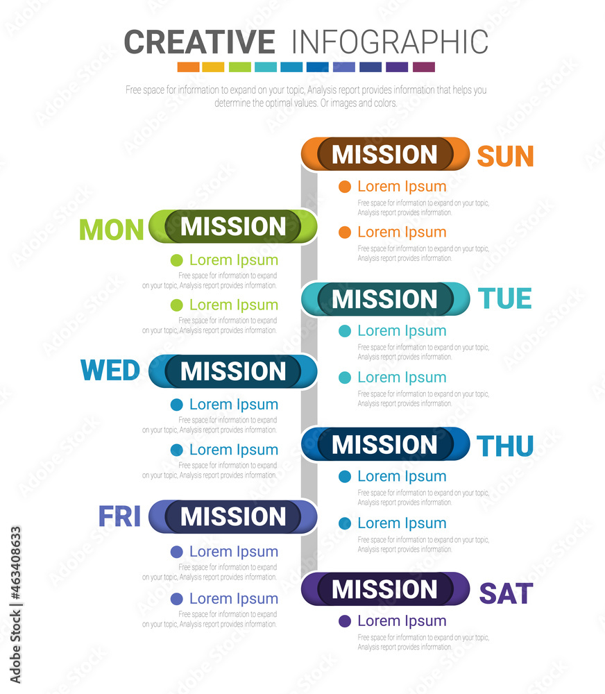 Naklejka premium Timeline business for 7 day, 7 options, Timeline infographics design vector and Presentation business can be used for Business concept with 7steps or processes. 