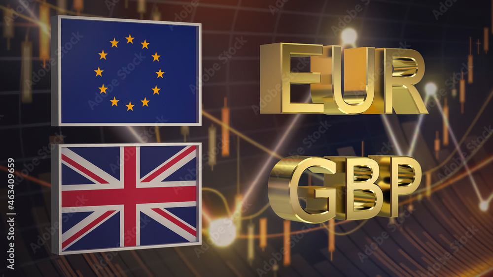 Fototapeta premium Gold plated EUR and GBP symbols along with the flags of EU and Great Britain on the background of the price chart. 3D rendering. Finance concept. Collage