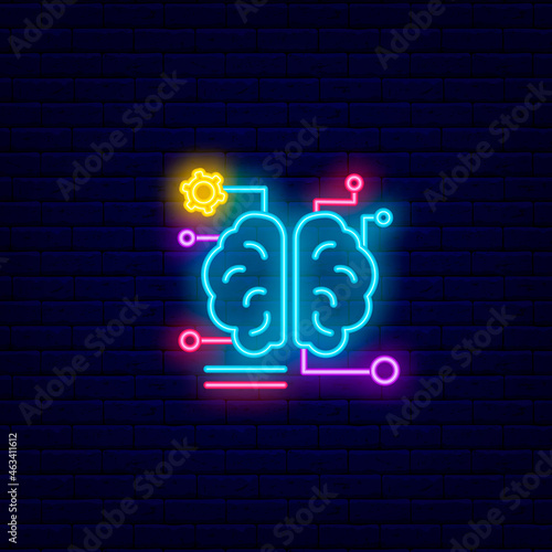 Digital brain neon icon. Microchip in the brain. Microcircuit in human head. Isolated vector illustration