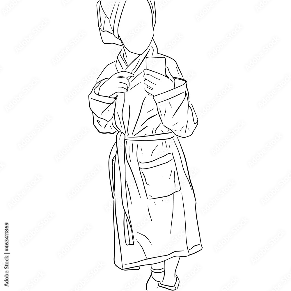 Girl takes selfie on phone in a bathrobe after shower. Black and white lineart. Spa concept Girl takes selfie on phone in a bathrobe after shower. Black and white lineart. Spa concept