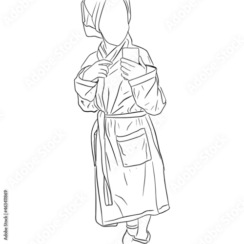 Girl takes selfie on phone in a bathrobe after shower. Black and white lineart. Spa concept
