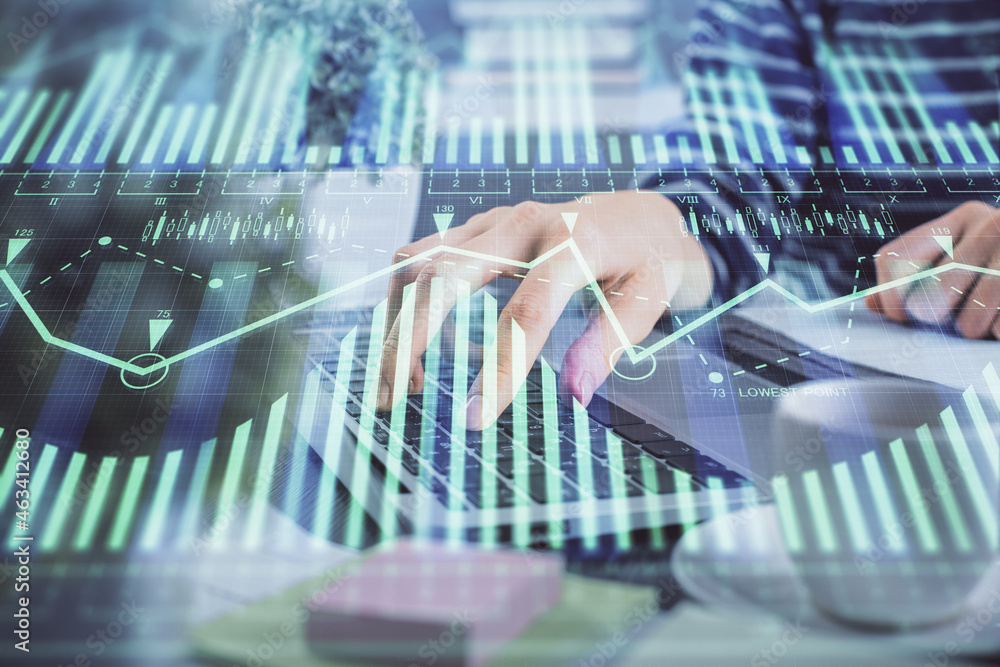 Double exposure of woman hands working on computer and data theme hologram drawing. Tech concept. Double exposure of woman hands working on computer and data theme hologram drawing. Tech concept.