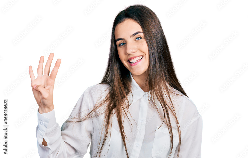Young brunette teenager wearing business white shirt showing and pointing up with fingers number four while smiling confident and happy. Young brunette teenager wearing business white shirt showing and pointing up with fingers number four while smiling confident and happy.