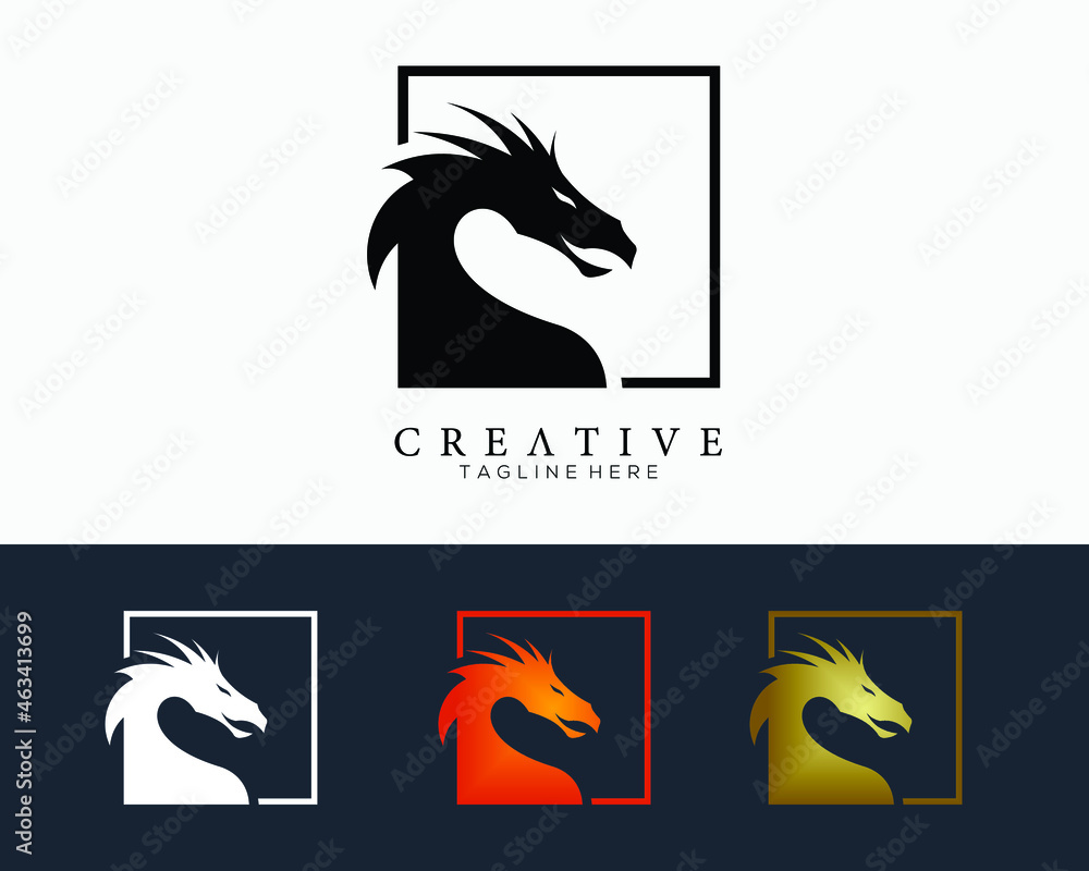 Logo design template, with a epic dragon head icon in a square Line Logo design template, with a epic dragon head icon in a square Line