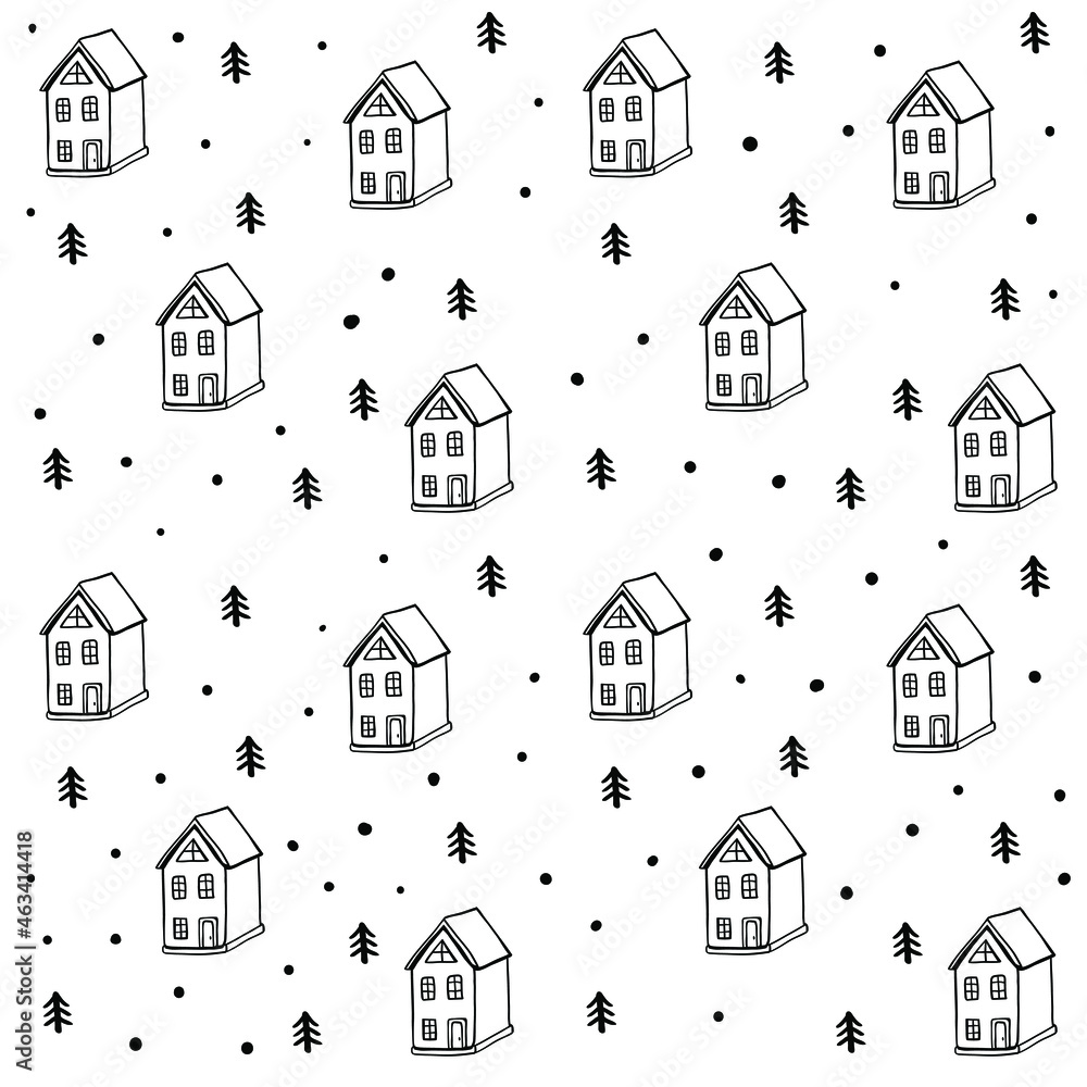 Cute Christmas pattern with houses and trees. Vector seamless pattern. Scandinavian style black and white minimalistic pattern. 