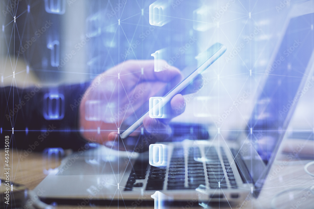 Multi exposure of man's hands holding and using a digital device and data theme drawing. Innovation concept. Multi exposure of man's hands holding and using a digital device and data theme drawing. Innovation concept.