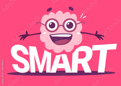 Vector Creative Illustration of Happy Pink Human Brain Character and Word Smart on Color Background. Flat Doodle Style Knowledge Concept Design of Brain