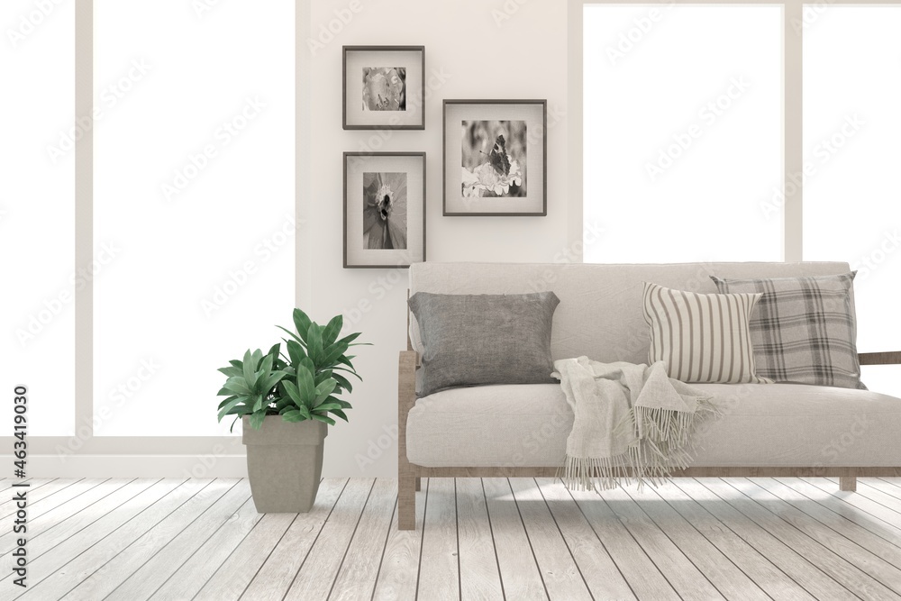Fototapeta premium Modern living room in white color with sofa. Scandinavian interior design. 3D illustration
