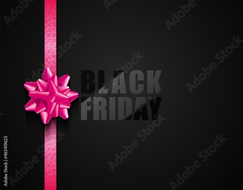 Black Friday vector dark background with pink ribbon bow. Glossy lacquered black text on matt backdrop