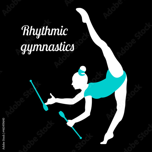 Rhythmic gymnastics logo, Lala Kramarenko clubs, sport logo white silhouette black background light blue suit 