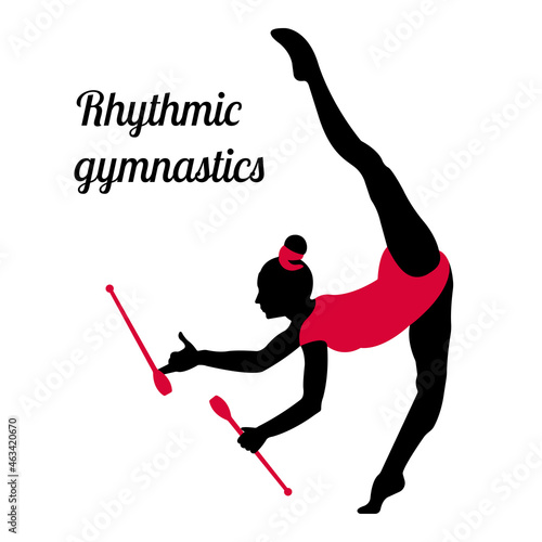 Rhythmic gymnastics logo, Lala Kramarenko clubs, sport logo black silhouette white background red suit 