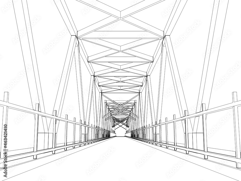 Truss bridge model perspective view. Outline render Truss bridge model perspective view. Outline render