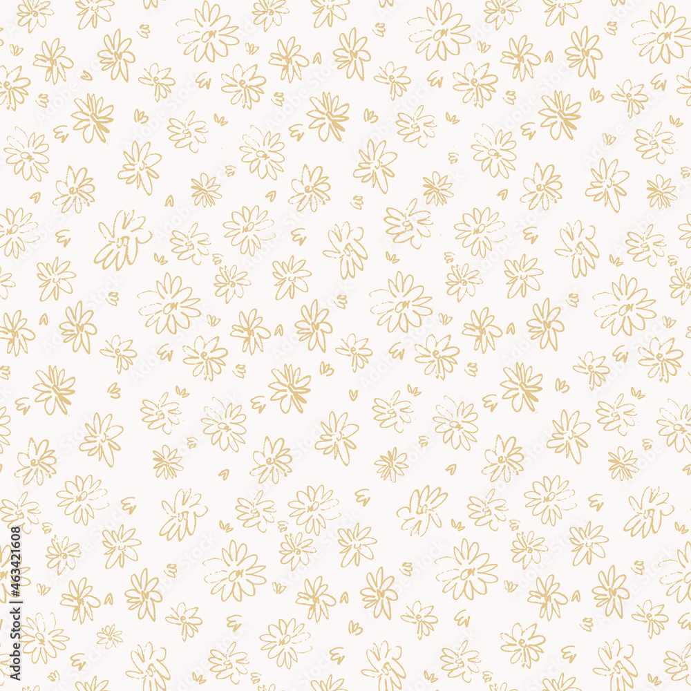 Seamless pattern with hand drawn meadow flowers in Boho style. Wildflowers illustrations white background for surface design and other design projects