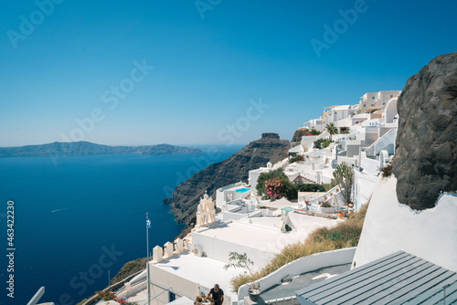Landscapes of the village Fira with white houses in Santorini Island in Greece