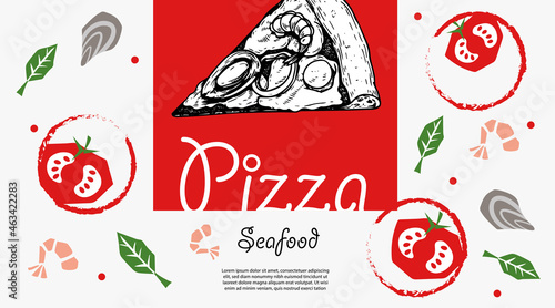 Italian pizza design template. Pizza Frutti Di Mare (seafood) in hand drawn sketch style and pizza ingredients in flat modern style. Best for flyers, menu designs, banners, packages and other.