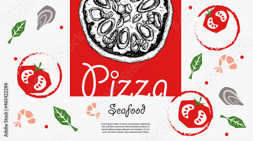 Italian pizza design template. Pizza Frutti Di Mare (seafood) in hand drawn sketch style and pizza ingredients in flat modern style. Best for flyers, menu designs, banners, packages and other. 