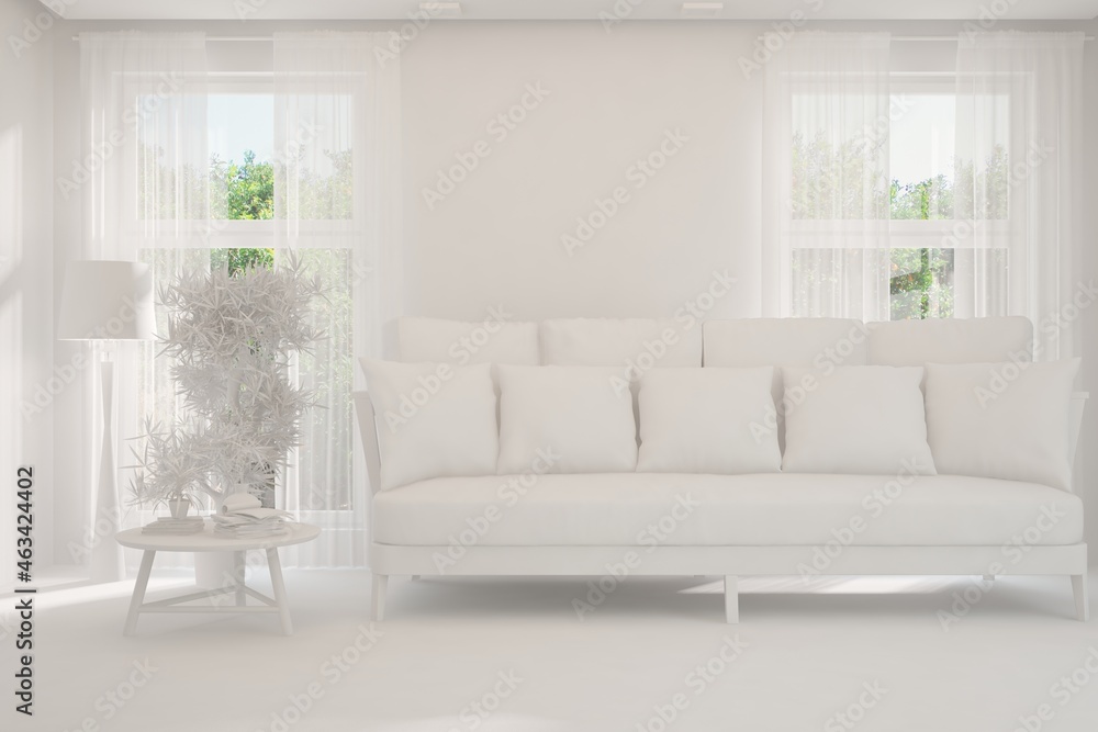 White living room with sofa and summer landscape in window. Scandinavian interior design. 3D illustration White living room with sofa and summer landscape in window. Scandinavian interior design. 3D illustration
