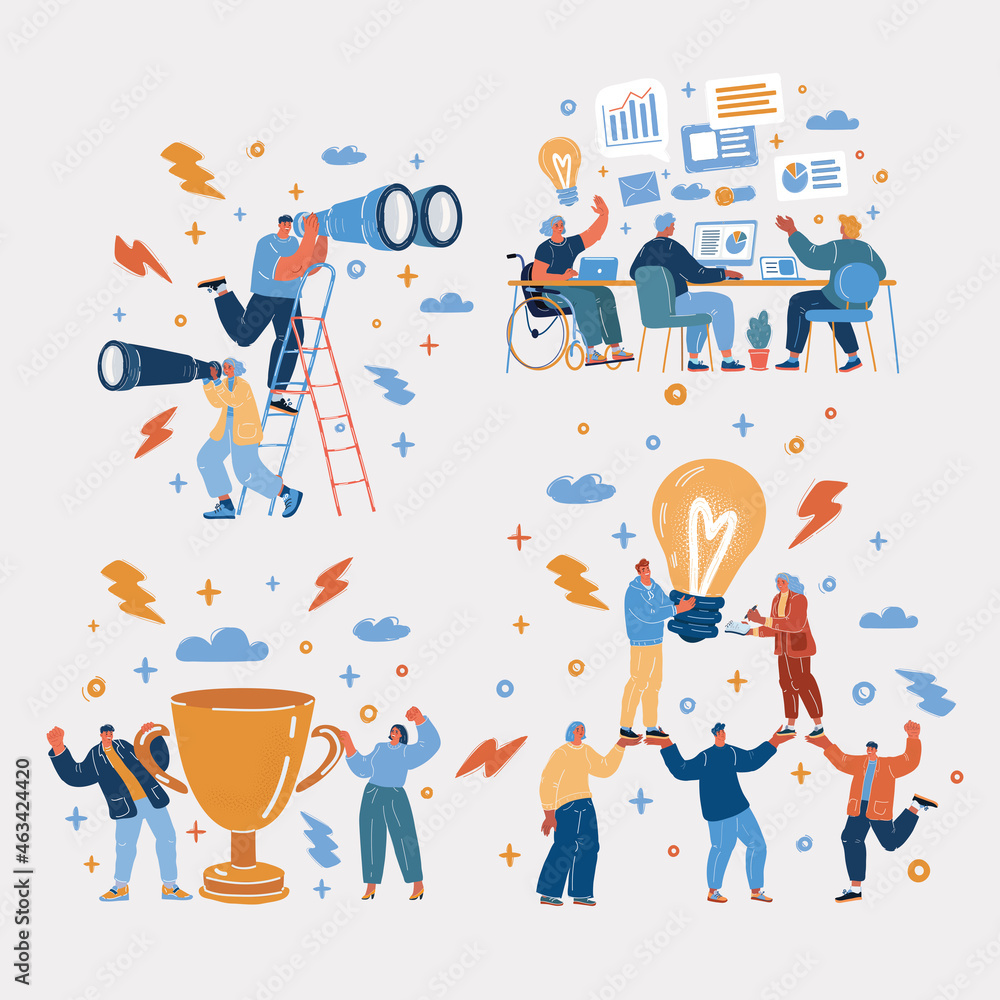 Vector illustration of Business startup work moments concept. Team in work and winning, Team, teamwork, Idea, winner, research, investigations, inclusion of people with disabilities - obrazy, fototapety, plakaty 
