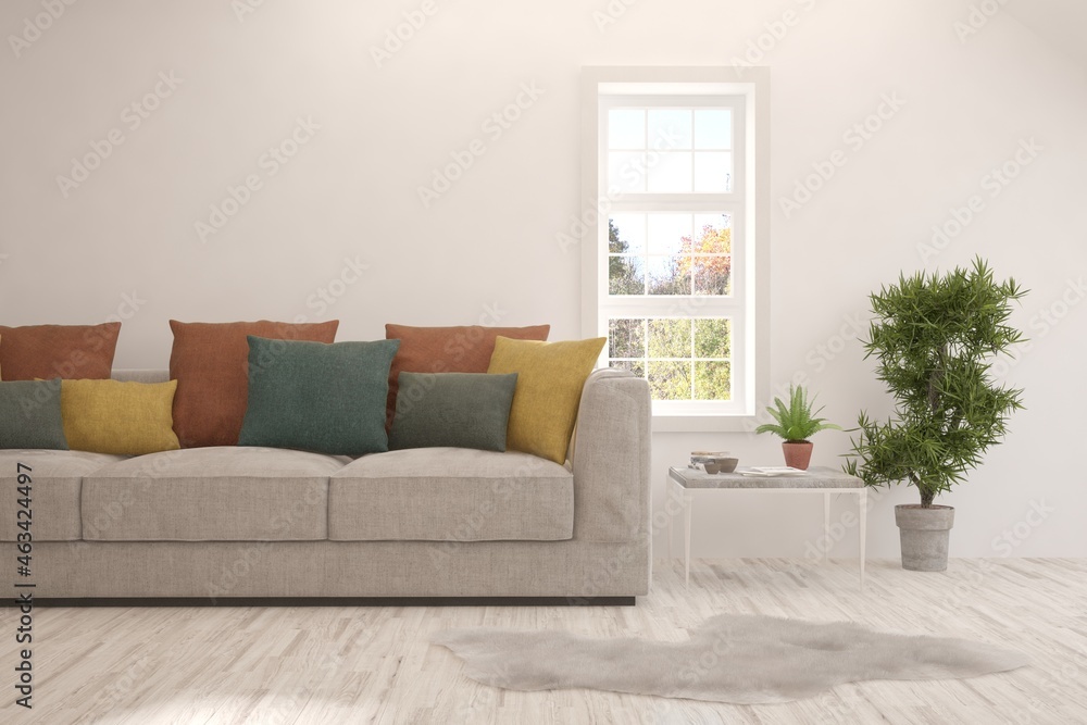 Fototapeta premium White living room with sofa. Scandinavian interior design. 3D illustration