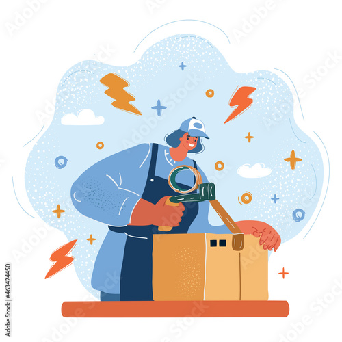 Vector illustration of Smiling modern business woman pointing to a large cardboard box. the packer packs a cardboard box, the delivery service photo