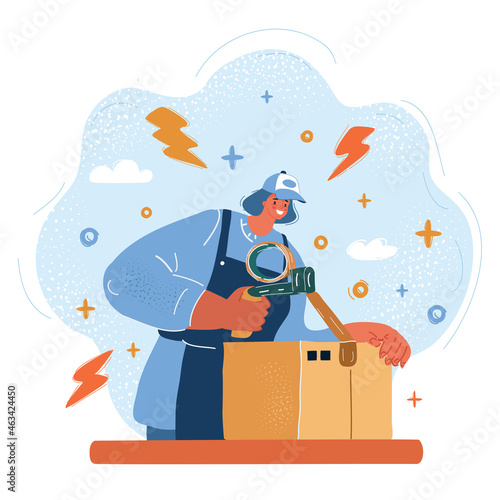 Vector illustration of Smiling modern business woman pointing to a large cardboard box. the packer packs a cardboard box, the delivery service