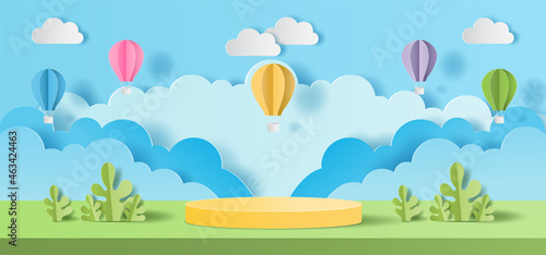 3D paper cut of Summer season on green nature landscape, hot air balloons and clouds on blue sky background with circular stage podium. Vector illustration