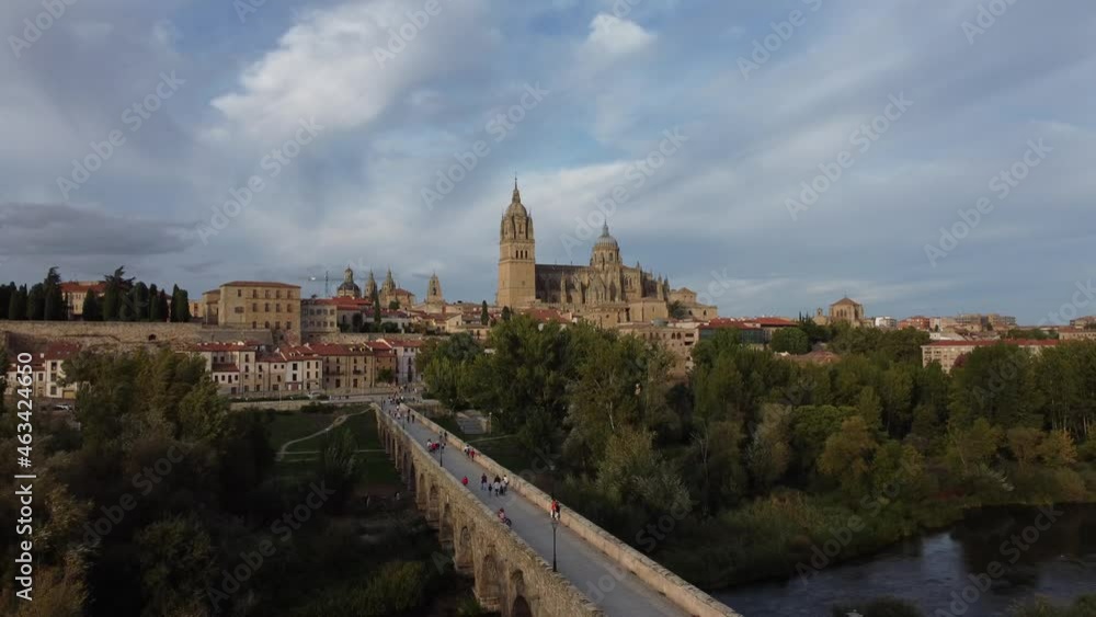 Aerial view of Salamanca with the cathedral in the background and the roman bridge in the foreground. Aerial view of Salamanca with the cathedral in the background and the roman bridge in the foreground.
