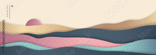 Hills and mountains abstract landscape in chinese style asian patterns. Vector illustration. Japanese background with paper cut wave at sunset. Place for text. China ornament for Happy New Year 2022