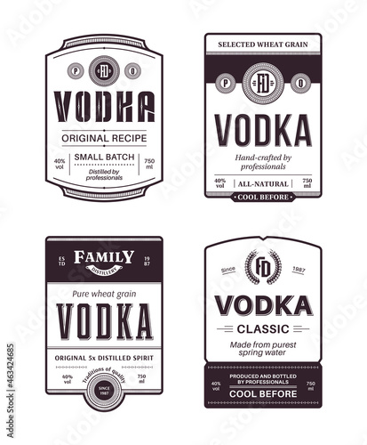 Vector vodka label templates. Distilling business branding and identity design elements