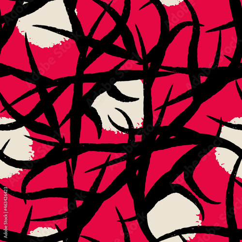 Vector black red white branches seamless pattern