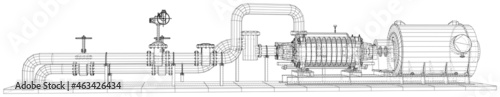 Wire-frame line pumping unit isolated on white. Vector rendering of 3d.