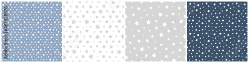 Tiny irregular Stars on grey blue white background. Minimalist Star geometric shape vector Seamless Pattern set. Holiday texture for fashion, nursery print, fabric, textile, wrapping, gift paper, web