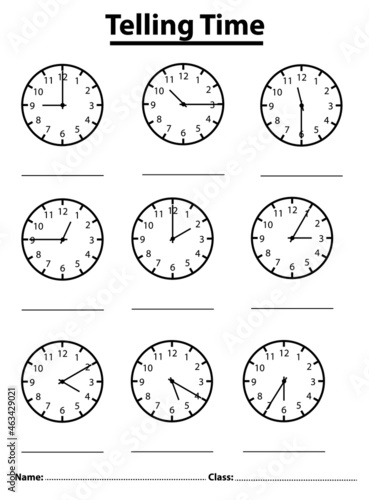 Telling time worksheet for pre school kids. game for child. write time on the clock.