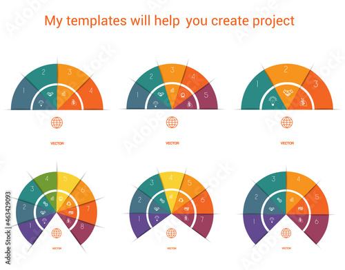 Infographic. Color Semicircle. Templates with text areas on 3, 4, 5, 6, 7 , 8 positions