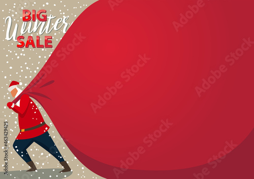 Holiday winter sale banner - Santa Claus pulling a huge heavy bag of gifts