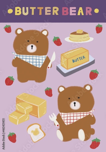 set of cute fluffy bear with bakery on purple background.