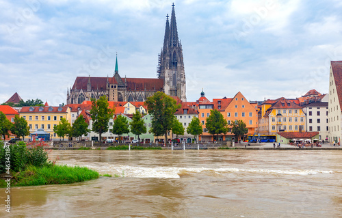 Regensburg. View of the old city embankment along the Danube.