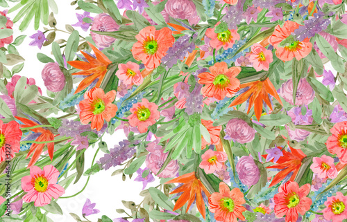 exotic seamless texture with different colorful flowers. watercolor painting